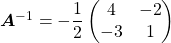 $　{\boldsymbol A}^{-1} = -\dfrac{1}{2}\begin{pmatrix}4&-2\\-3&1\end{pmatrix} 　$